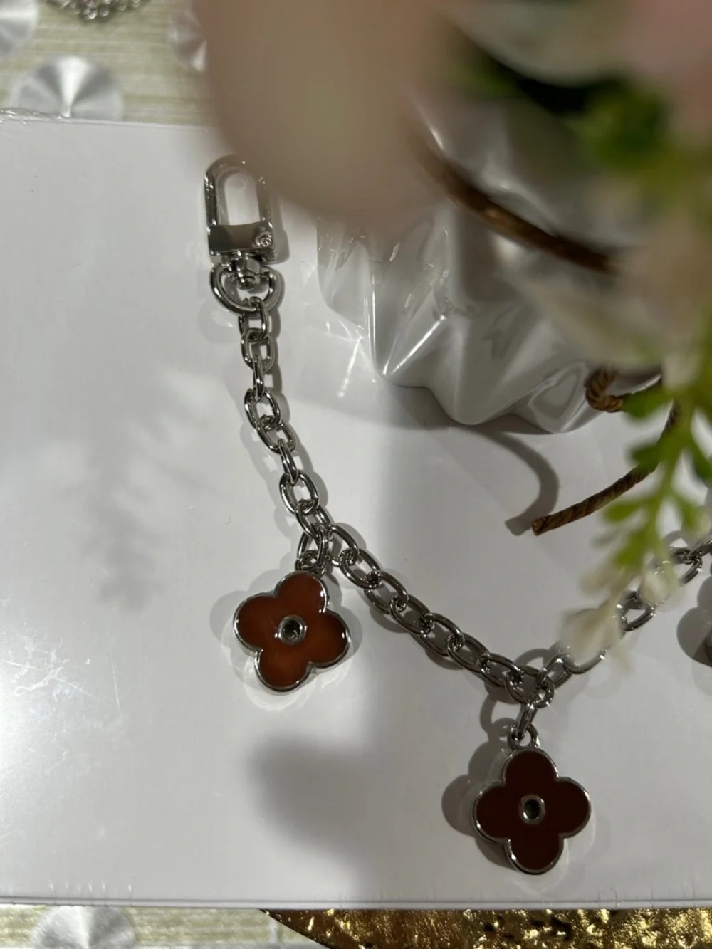 392. Silver Bag Chain with Chunky Double Sided Brown Flower Charms. 10”